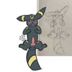 1:1 2025 animal_genitalia animal_penis balls canid canine canine_genitalia canine_penis digital_drawing_(artwork) digital_media_(artwork) eeveelution embarrassed erection feral generation_2_pokemon genitals hi_res knot knotted_penis lying male mammal nintendo on_back pawpads penis pokemon pokemon_(species) puppybug94 quadruped sheath solo umbreon watermark