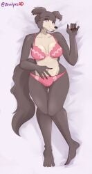 1girls 2022 absurd_res anthro beastars bed bra breasts brown_body brown_fur canid canine canis clothing female fur furniture hand_on_belly hi_res juno_(beastars) looking_at_viewer lying lying_on_bed mammal on_back on_bed panties pink_clothing pink_underwear signature solo tail underwear wolf zevulpes