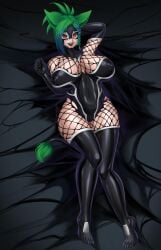black_gloves black_legwear black_leotard corruption female ferelia_ctesias legwear leotard living_clothes miqo'te rikatsuky symbiote tentacle thick_thighs