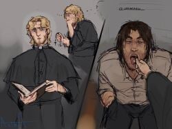 2boys blonde_hair_male brown_hair covering_mouth curly_(mouthwashing) fantasizing gay half-closed_eyes hands_in_pockets jimmy_(mouthwashing) kneeling_on_ground lamnotpie looking_up male mouthwashing open_mouth prayer_beads priest religious_clothing thought_bubble tongue_out yaoi