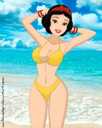 2024 beach belly black_eyebrows black_hair_female brown_eyes carlshocker deviantart hands_on_hair meta not_ai_generated not_porn red_bracelet red_hair_bow red_lipstick snow_white_(disney) snow_white_and_the_seven_dwarfs_(1937_film) tummy walt_disney_animation_studios walt_disney_pictures yellow_bikini