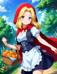 2025 ai_generated blonde_eyebrows blonde_female blonde_girl blonde_hair_female blue_eyes cosplay cosplayer deviantart elryusam fairy_tales forest fruit_in_basket holding_basket little_red_riding_hood little_red_riding_hood_(copyright) little_red_riding_hood_(cosplay) looking_at_viewer maria_robotnik meta mouth_closed not_porn orange_(fruit) orange_in_basket pink_cheeks red_cape sega smile_at_viewer smiling_at_viewer sonic_(series) sonic_the_hedgehog_(series)