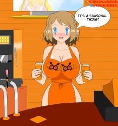 apron blue_eyes blush breast_expansion brown_hair coffee happy_trance hoothoot hoothoots hypnosis hypnotic_eyes laprasking looking_at_viewer pokemon pokemon_(anime) serena starbucks text tv