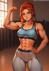 abs ai_generated athletic_female belly_button breasts face_markings face_paint female female_focus female_only fit fit_female flexing flexing_bicep freja_(overwatch) ginger ginger_hair girl green_eyes gym_clothes gym_uniform hand_on_hip leggings looking_at_viewer medium_hair muscular muscular_abs muscular_arms muscular_female muscular_thighs navel overwatch overwatch_2 pussy_bulge pussy_outline redbisycle smile sports_bra sportswear sweat sweaty sweaty_body toned toned_arms toned_belly toned_body toned_female toned_legs toned_stomach yoga_pants