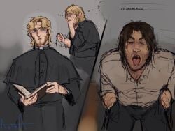 2boys blonde_hair_male brown_hair covering_mouth curly_(mouthwashing) fantasizing gay half-closed_eyes hands_in_pockets jimmy_(mouthwashing) kneeling_on_ground lamnotpie looking_up male mouthwashing open_mouth prayer_beads priest religious_clothing thought_bubble tongue_out yaoi