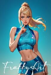 2025 ai_generated belly blonde_ponytail blue_background blue_eyes blue_shorts blue_topwear brown_eyebrows deviantart female finger_on_mouth frakkyart hand_on_hip hand_on_mouth meta metroid nintendo not_porn red_hairband red_lipstick samus_aran tummy zero_suit_samus