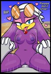 absurd_res anthro avian bird blackmore blush blush_lines bodily_fluids breasts dialogue duo english_text eyewear eyewear_on_head female first_person_view hand_holding headgear heart_symbol hi_res hirundinid male male/female male_pov motion_lines navel nipples oscine passerine pussy sega sonic_(series) sonic_riders sonic_the_hedgehog_(series) sunglasses sunglasses_on_head swallow_(bird) sweat sweatdrop text tongue tongue_out vaginal_penetration wave_the_swallow
