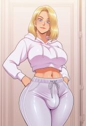 1futa ai_generated anasheya_(style) blonde_futa blonde_hair blondshell blue_eyes breasts civitai cropped_hoodie futa_only futanari hands_on_hips large_breasts light-skinned_futanari light_skin lips looking_at_viewer mature mature_futa medium_hair midriff navel solo standing sweatpants track_pants white_hoodie