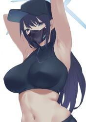 1girls armpits arms_behind_head arms_up bare_shoulders baseball_cap big_breasts black_hat black_shirt blue_archive blue_eyes blue_hair breasts busty covered_nipples crop_top female female_only hat highres large_breasts long_hair looking_at_viewer mask midriff mouth_mask navel pose posing saori_(blue_archive) sensual sexy sexy_armpits sexy_pose shirt sleeveless sleeveless_shirt solo stomach upper_body very_long_hair voluptuous