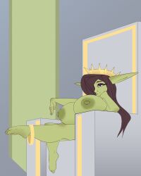 4:5 absurd_res anthro big_breasts breasts chair chapaevv crown digital_media_(artwork) fan_character female furniture goblin hair headgear hi_res huge_breasts humanoid jewelry looking_at_viewer not_furry nude queen royalty smile solo thick_thighs throne