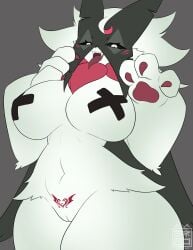 2025 3_fingers absurd_res anthro arm_tuft artist_logo artist_name big_breasts biped black_pasties black_sclera blush blush_lines breasts cheek_tuft claws digital_media_(artwork) elbow_tuft eyebrows eyelashes facial_tuft fangs felid feline female female_anthro finger_claws fingers frill_(anatomy) fur generation_9_pokemon genitals green_body green_fur grey_background hi_res legs_together logo looking_at_viewer mammal mask meowscarada monotone_body monotone_fur navel nintendo nipple_outline nude nude_anthro nude_female open_mouth pasties paws pink_nose pokemon pokemon_(species) pubic_tattoo pupils pussy red_pupils red_tattoo simple_background sk3tchk4t slit_pupils solo tattoo teeth text thick_thighs tongue tongue_out tuft unfinished wearing_mask white_eyes wide_hips