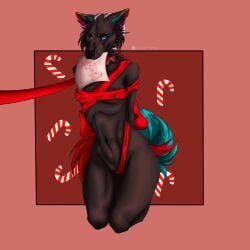 1:1 absurd_res anthro black_nose blue_eyes blue_tail bondage bondage bound brown_body brown_fur canid canine cheek_tuft collar facial_tuft female front_view fur hi_res horn kneeling looking_at_viewer mammal msdeadsoul navel neck_tuft nipple_outline nude paper paper_in_mouth red_collar red_tail ribbon_bondage ribbons signature solo tail tuft white_horn