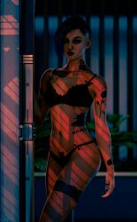 apartment cd_projekt_red cyberpunk_2077 female female_only green_eyes judy_alvarez lingerie lingerie_bra lingerie_only lingerie_panties looking_at_viewer partially_clothed pink_hair presenting short_hair small_breasts solo