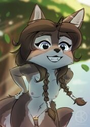 anthro belly braided_hair breasts canid canine canis ebbakatten female furry genitals glistening glistening_eyes grey_rivers hair happy hi_res leaning leaning_forward mammal navel nipples nude pussy scar simple_background smile solo tail wolf