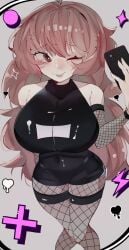 1girls big_breasts black_clothing breast_focus breasts brown_hair circle female female_only fishnet_pantyhose friday_night_funkin girlfriend_(friday_night_funkin) heart_symbol hoshoidk long_hair one_eye_closed phone red_eyes smiling tagme white-skinned_female white_skin