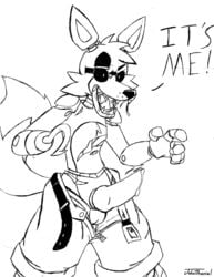 1boy animatronic anthro balls belt black_eyes black_nose canine clothing cum english_text erection eye_brow eye_patch eyewear five_nights_at_freddy's fox foxy_(fnaf) fur hook_hand johnithanial knot machine male male_only mammal mechanical open_mouth pants penis precum robot saliva sharp_teeth smile solo standing teeth text tongue undressing video_games zipper