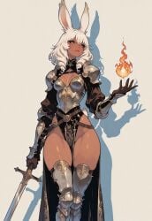 ai_generated armor armored_boots armored_female armored_gloves bare_thighs belt belt_buckle boob_window breast_plate bunny_ears bunny_tail casting_spell civitai czero2011 dark-skinned_female dark_skin digital_media_(artwork) drill_hair embroidery engraving fantasy female female_only final_fantasy final_fantasy_tactics fireball flames gold_eyes greaves hair_between_eyes holding_weapon long_sleeves muscular muscular_thighs original_character pauldrons pelvic_curtain plump_lips rabbit_ears rabbit_girl rabbit_tail red_mage shadow shoulder_length_hair side_bangs simple_background skinny_female skirt small_breasts solo solo_female sword thick_thighs toned_female viera white_hair wide_hips