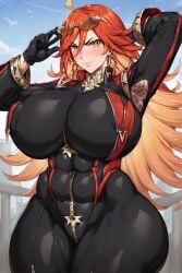 ai_generated armpit_hair armpits bodysuit breasts_bigger_than_head bubble_butt child_bearing_hips genshin_impact huge_ass huge_breasts in_public kunaboto_(style) mavuika_(genshin_impact) pubic_hair shades tagme thick_thighs tight_clothing voluptuous voluptuous_female
