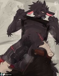 accident accidental_exposure ambiguous_gender anthro anthro_focus armpit_hair balls big_penis black_body black_clothing black_fur black_hair black_nipples black_penis black_shirt black_topwear body_hair bottomwear bottomwear_down bovid caprine clothed clothing clothing_lift disembodied_penis duo foreskin fur genitals goat hair hair_over_eye hi_res humanoid_genitalia humanoid_penis male male_focus mammal nick7005 nipples partially_clothed penis pubes scar shirt shirt_lift shorts shorts_down solo_focus tank_top topwear uncircumcised wardrobe_malfunction