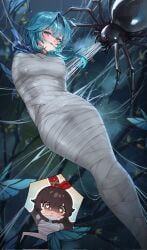 2girls amber_(genshin_impact) blue_hair bondage brown_eyes brown_hair captured cocoon cocooned crying eula_(genshin_impact) gag gagged genshin_impact heart-shaped_pupils mummification purple_eyes spider spider_web sweat tears web web_bondage web_gag