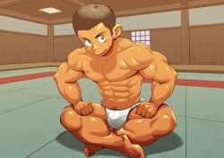 1boy abs barefoot beefy biceps big_bulge big_head brown_eyes brown_hair bulge bulge_through_clothing ceiling clenched_hand collarbone crossed_legs dojo feet full_body fundoshi fundoshi_only gay genital_outline hand_on_leg hi_res hunk indoors kobucha looking_at_viewer male male_only mature_male muscles muscular muscular_arms muscular_legs muscular_male muscular_thighs navel original original_character pecs pubic_hair quadriceps rokushaku_fundoshi round_eyes short_hair sitting sitting_on_floor six_pack solo sweat sweatdrop thick_neck toes topless tough_guy triceps very_high_resolution white_fundoshi yaoi young