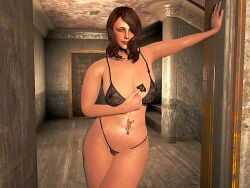 1girl 1girls 3d abs blacked bra breasts cait_(fallout) curvy curvy_female curvy_figure fallout_4 female female_only game_screenshot green_eyes light-skinned_female lingerie lingerie_panties looking_at_viewer looking_pleasured medium_hair nipples_visible_through_clothing pose qos qos_tattoo queen_of_spades red_hair smiling smiling_at_viewer tattoo tattoo_on_belly tattoo_on_chest thong