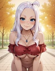 ai_generated blue_eyes bottomless face_focus fairy_tail illustrious_(stable_diffusion) large_breasts lingerie looking_at_viewer mirajane_strauss off_shoulder payop pubic_hair pussy smile solo standing uncensored underboob white_hair
