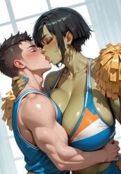 ai ai-created ai_art ai_assisted ai_generated big_breasts boobs_bigger_than_head breasts cheerleader cheerleader_uniform female gigantic_breasts green green-skinned_female green_body green_skin huge_boobs huge_breasts human human_male kissing light-skinned_male light_skin male male/female orc orc_female orced tits_bigger_than_head