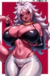1girls android_21 big_breasts dragon_ball dragon_ball_fighterz female female_focus female_only huge_breasts humanoid long_hair miauxelart pink_body pink_hair pink_skin pixel_art wide_hips