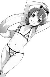 1girls armpits arms_behind_head bikini cameltoe cleavage female female_only grin hair_ribbon hi_res legs looking_at_viewer medium_hair monochrome navel original original_character ponytail pose posing small_breasts smile solo tamagoro teeth thighs