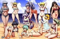 6+girls absurd_res all_fours alluring altena_(fire_emblem) aqua_eyes aqua_hair arm_behind_head arms_behind ass barefoot beach bent_over big_breasts bikini black_hair blonde_hair blue_eyes blue_sky boots braid cleavage cloud fee_(fire_emblem) feet female female_focus fire_emblem fire_emblem:_genealogy_of_the_holy_war hair_ribbon harem head high_res huge_filesize intelligent_systems ishtar_(fire_emblem) jadenkaiba julia_(fire_emblem) kneel lana_(fire_emblem) larcei_(fire_emblem) lene_(fire_emblem) lingerie long_hair lying matching_hair/eyes multiple_girls nanna_(fire_emblem) navel negligee nintendo ocean on_stomach one_eye_closed open_mouth patty_(fire_emblem) red_bikini ribbon see-through_clothes short_hair sky sling_bikini slingshot_swimsuit standing stockings swimsuit the_pose thigh_high_boots thong tine_(fire_emblem) toes under_boob underwear white_bikini white_hair wink