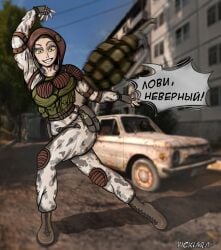 anime_girl_throwing_things artist_signature big_ass big_breasts blush boots female gloves green_eyes grenade hips hooded looking_at_viewer meme_reference military_uniform s.t.a.l.k.e.r. s.t.a.l.k.e.r._2:_heart_of_chornobyl smile solo_female swaying_breasts text_bubble throwing_object tight_clothing translation_request wide_hips