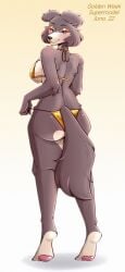 2025 absurd_res anthro ass beastars bikini bikini_bottom bikini_thong bikini_top blush breasts brown_body brown_fur canid canine canis claws clothed clothing english_text eyelashes female finger_claws full-length_portrait fur gold_bikini golden_week hi_res juno_(beastars) lipstick looking_at_viewer looking_back makeup mammal mascara pawpads pinup portrait pose purple_eyes rear_view shadow sideboob simple_background skimpy skimpy_bikini solo standing swimwear text tiptoes toe_claws two-piece_swimsuit underboob white_background wolf zevulpes