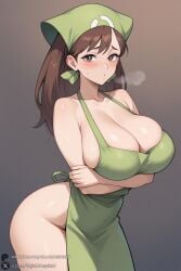 1female 1girl 1girls 2026 ai_generated apron artist_name bangs bare_shoulders big_ass big_breasts blush breasts brown_eyes brown_hair cleavage collarbone crossed_arms curvy gradient gradient_background green_apron grey_background hi_res high_quality high_resolution highres huge_ass huge_breasts large_breasts long_hair looking_at_viewer naked_apron patreon patreon_username pokemon pokemon_breeder pokemon_xy solo thighs unjobdespiert watermark