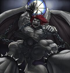 abs angry anthro anus ass balls barefoot biceps big_balls big_muscles big_penis black_penis black_sclera chained chains claws cuffs dragon fangs fist front_view grey_nipples grey_skin hair horn humanoid_penis justmegabenewell looking_at_viewer low-angle_shot male male_only manly membranous_wings moon muscles night nipples nude open_mouth pecs penis perineum rage red_eyes red_hair scales scalie sharp_claws sharp_teeth solo spikes standing teeth thick_penis toned vein veiny_penis wings