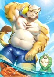 animal_tail anthro beach beach_ball big_cock blush chubby dungeon_explorer furry in_bathtub jinpei_(dungeon_explorer) kemono kosu_(dungeon_explorer) kosutora male male_only mammal mature motion_lines muscles nude purple_eyes swimwear thick_thighs tiger white_eyebrows white_mouth