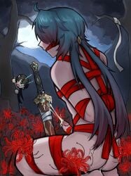 blade_(honkai:_star_rail) bondage cum cum_on_sword cumshot dan_heng gag lily male only red ribbon spider yaoi