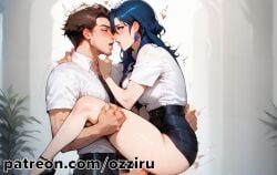 1boy 1boy1girl absurd_res ai_generated blue_hair byleth_(fire_emblem) byleth_(fire_emblem)_(female) carrying claude_von_riegan couple couple_(romantic) female fire_emblem fire_emblem:_three_houses hi_res highres long_hair male male/female male_penetrating male_penetrating_female nintendo ozziru patreon romantic romantic_couple self_upload sensual sex straight uncensored upright_straddle
