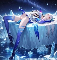 ai_generated arched_back bottomless dildo dildo_in_pussy dildo_insertion dress elbow_gloves high_heels ice laying_down laying_on_back long_hair patreon patreon_username red_eyes sex_toy sex_toy_insertion stockings white_hair xzollosez