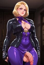2d ai_generated anasheya_(style) balls black_fingerless_gloves black_jacket black_leather_jacket blonde_futa blonde_hair blonde_hair_blue_eyes blondshell blue_eyes bob_cut cleavage fingerless_gloves flaccid futa_only futanari gloves halter_dress halterneck human human_only large_breasts leather_jacket light-skinned_futanari light_skin lipstick looking_at_viewer medium_hair nina_williams purple_dress short_hair solo standing tekken tekken_8 testicles veiny_penis video_game_character video_game_franchise wavy_hair