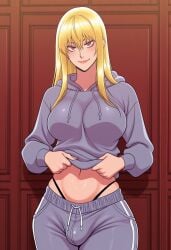 1futa 2d ai_generated anasheya_(style) black_panties blonde_futa blonde_hair blondshell breasts brown_eyes bulge civitai clothes_lift futanari grey_hoodie grey_sweatpants grey_track_pants hair_between_eyes highleg highleg_panties hood hoodie large_breasts light-skinned_futanari light_skin long_hair looking_at_viewer midriff smile solo sweatpants track_pants underwear