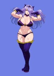 abs absurd_res alluring athletic_female big_breasts blue_background boots camilla_(fire_emblem) choker cirenk cleavage female female_abs female_focus fire_emblem fire_emblem_fates fire_emblem_warriors fit_female full_body gloves hair_over_one_eye high_res horns intelligent_systems long_hair looking_at_viewer matching_hair/eyes navel nintendo panties purple_eyes purple_hair purple_panties standing stockings thigh_high_boots underwear underwear_only