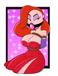 arms_behind_back ball_gag bondage cleavage elbow_gloves jessica_rabbit purple_gloves red_dress red_hair red_lipstick rope rope_bondage sparkly_dress tempson who_framed_roger_rabbit