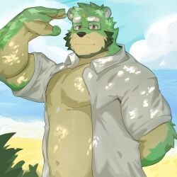 animal_tail anthro artist_request bear beard blush chubby dungeon_explorer erection furry jinpei_(dungeon_explorer) kemono male male_only mature motion_lines muscles nude penis red_eyes white_eyebrows white_mouth