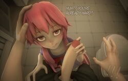 1boy 1girls 3d 3d_(artwork) amano_yukiteru bathroom blush blush_lines erect_penis erection female fingers gasai_yuno handjob horny_female hxrnyswagger light-skinned_female light-skinned_male light_skin male mirai_nikki penis pink_eyes pink_hair pov smirk talking_to_viewer text toilet tongue yandere