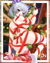 1girls ass breasts butt christmas female female_only froot green_eyes horns jnstudio light-skinned_female light_skin scissors solo virtual_youtuber vshojo white_hair wrapped