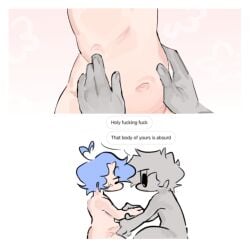 2boys benjamin_fairest_(friday_night_funkin_soft) blue_hair blush_lines boyfriend_(friday_night_funkin) boyfriend_(friday_night_funkin_soft) dark_eyes dialogue femboy friday_night_funkin friday_night_funkin_soft gay grey_skin hands_on_partner's_belly male naughty nude_male only_male sweat