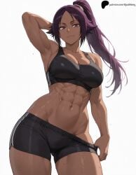 1girls ai_generated arm_up arms_behind_head bangs biceps black_shorts bleach bleach:_the_thousand-year_blood_war breasts crop_top curvy dark-skinned_female dark_skin female gym_shorts gym_uniform hair_tie hi_res high_quality high_resolution highres huge_breasts large_breasts legs light_smile lips long_hair looking_at_viewer midriff muscular muscular_female navel nose opal_nemy patreon patreon_logo patreon_username plain_background ponytail purple_eyes purple_hair self_upload shadow shihouin_yoruichi shihouin_yoruichi shorts simple_background smile sports_bra standing sweat sweatdrop thick_thighs thighs undressing watermark white_background wide_hips