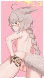 absurdres ahoge anal anal_object_insertion anal_tail animal_ears ass blue_archive blush border breasts brown_gloves brown_hair closed_mouth completely_nude cowboy_shot fake_tail female fox_ears fox_squad_(blue_archive) from_behind gloves green_eyes green_halo halo highres long_hair looking_at_viewer looking_back nipples nude object_insertion otogi_(blue_archive) pink_background small_breasts smile solo spread_pussy spreading_own_pussy srt_special_academy_student tail uncensored white_border whoning1