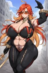 ai_generated armpit_hair armpits bodysuit breasts_bigger_than_head bubble_butt child_bearing_hips genshin_impact huge_ass huge_breasts in_public kunaboto_(style) mavuika_(genshin_impact) pubic_hair shades tagme thick_thighs tight_clothing voluptuous voluptuous_female